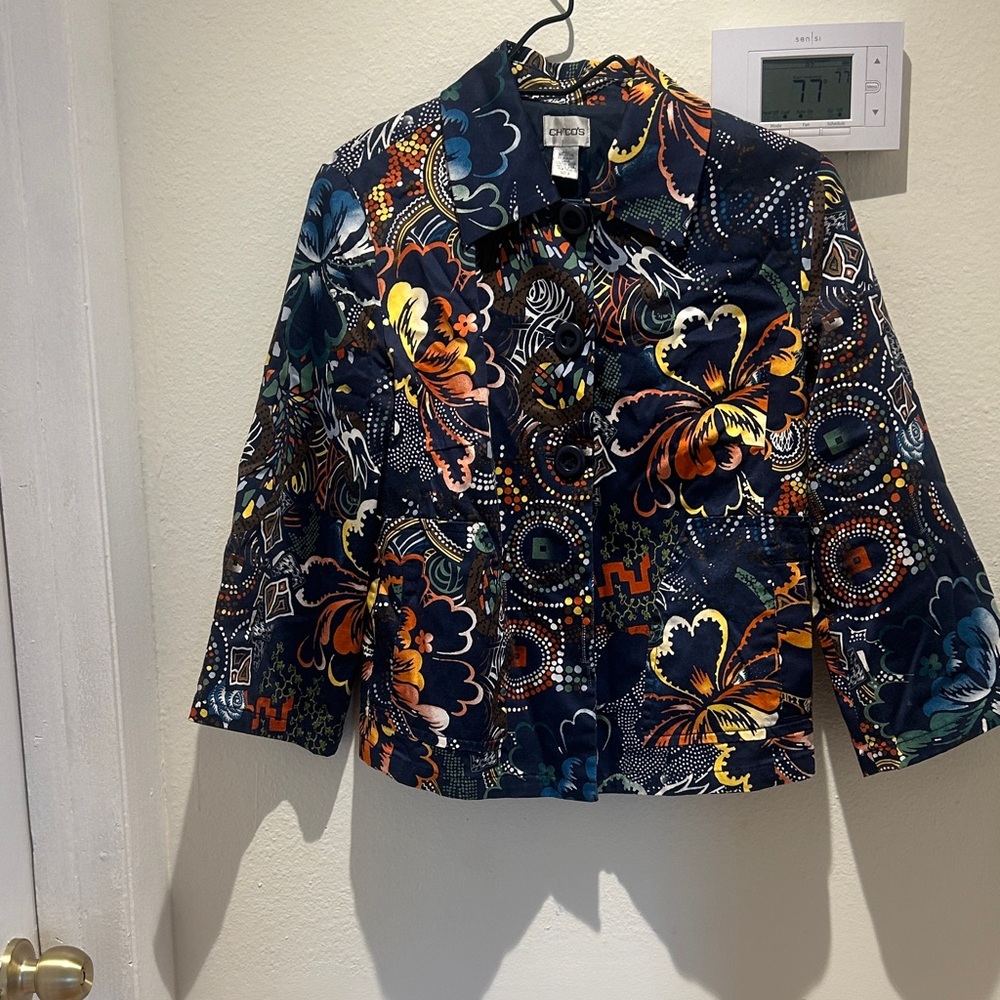 Chico's Navy and Multicolor Floral Jacket